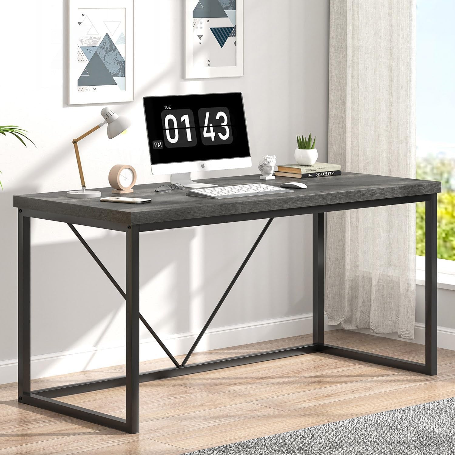 Modern Home Office Desk, Wood and Metal Computer Desk, Industrial Writing Study Gaming Table for Living Room Bedroom, Rustic Grey, 53 Inch
