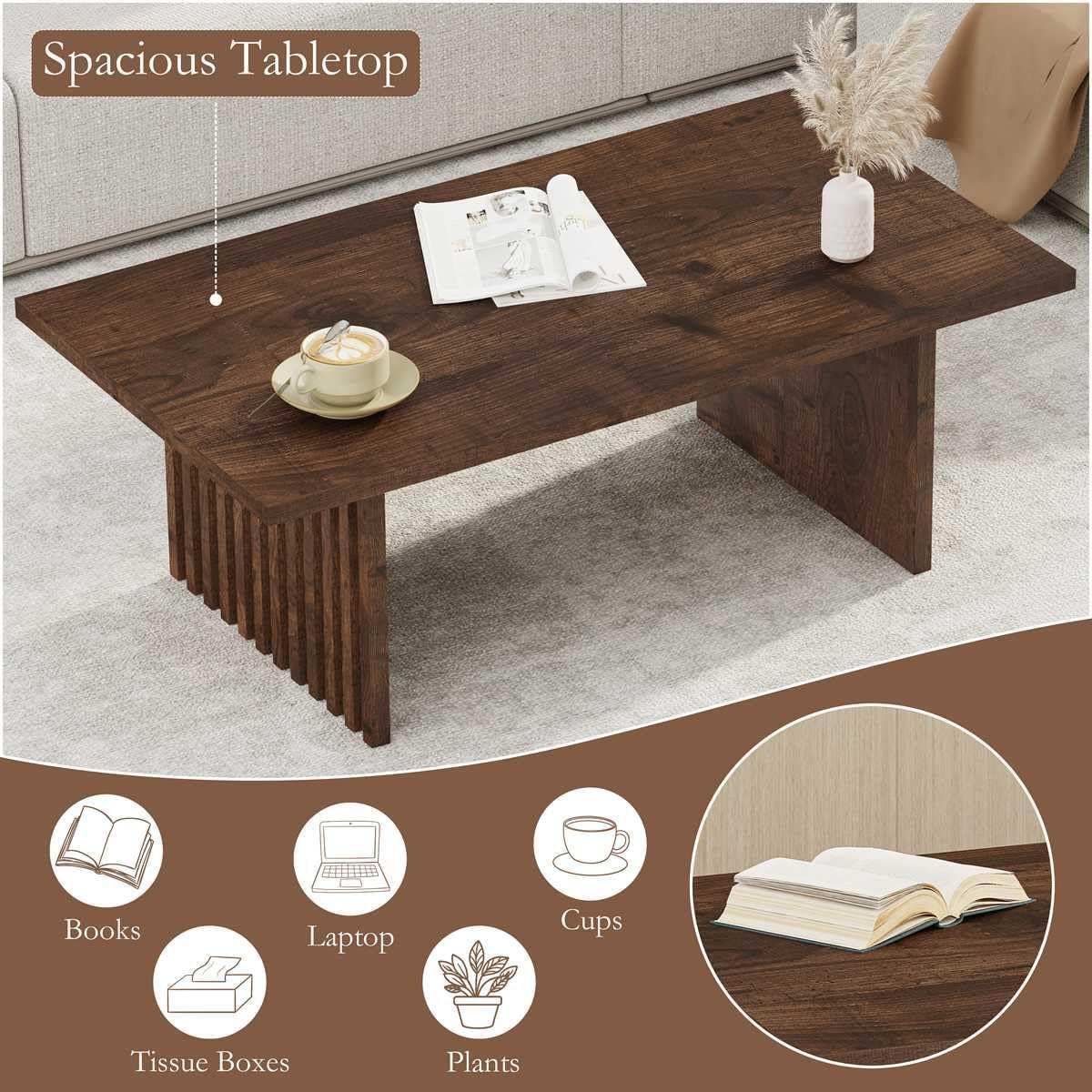 47 Inch Coffee Table, Fluted Side Panels Coffee Tables for Living Room, Large Wooden Tabletop Center Table, Farmhouse Living Room Tables for Lounge, Office, Rustic Oak