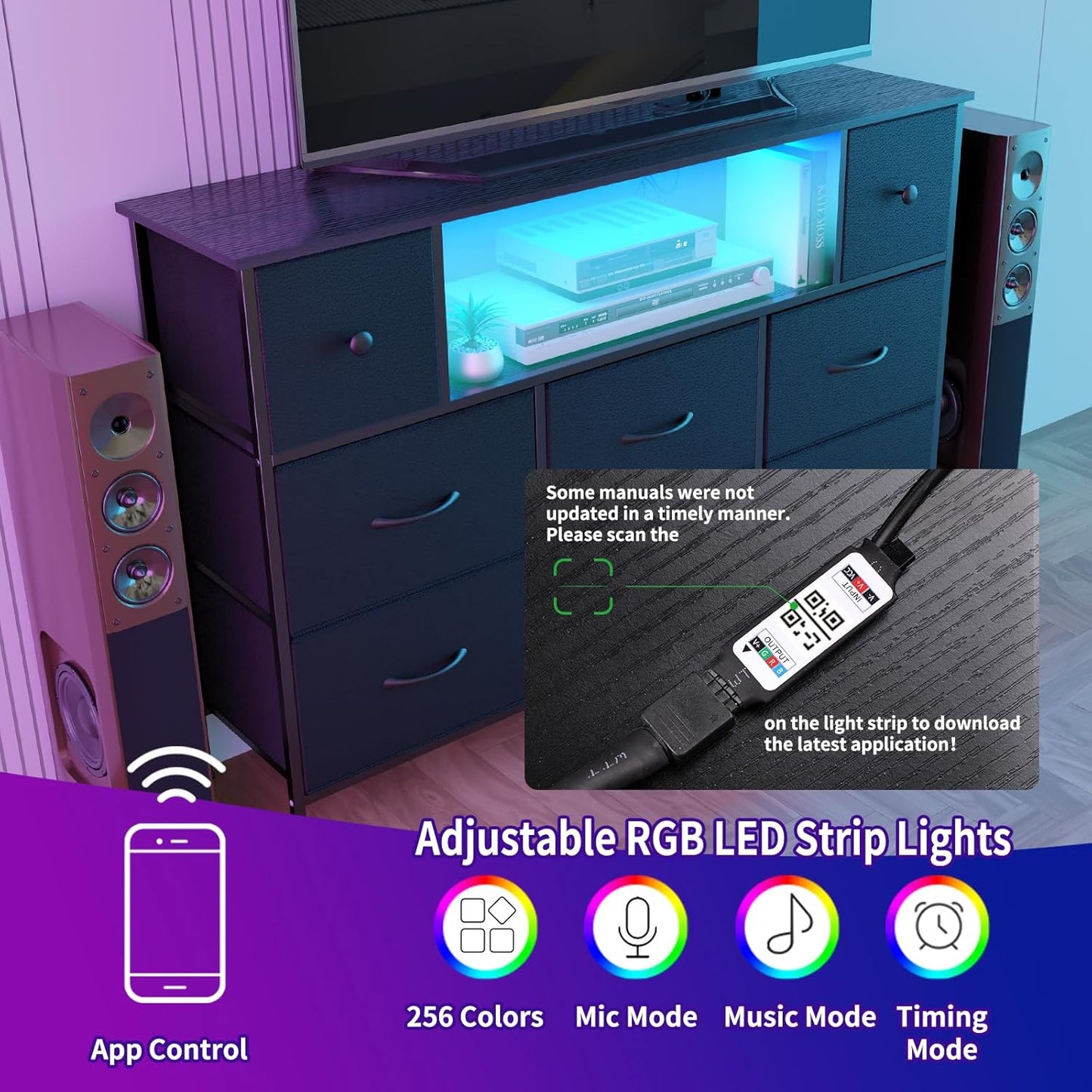 Dresser for Bedroom TV Stand for 55 Inch TV with Charging Station and LED Light, Fabric Chest of Drawers, 8 Drawer Kids Dressers for Boys Bedroom, Living Room, Closet (Black)