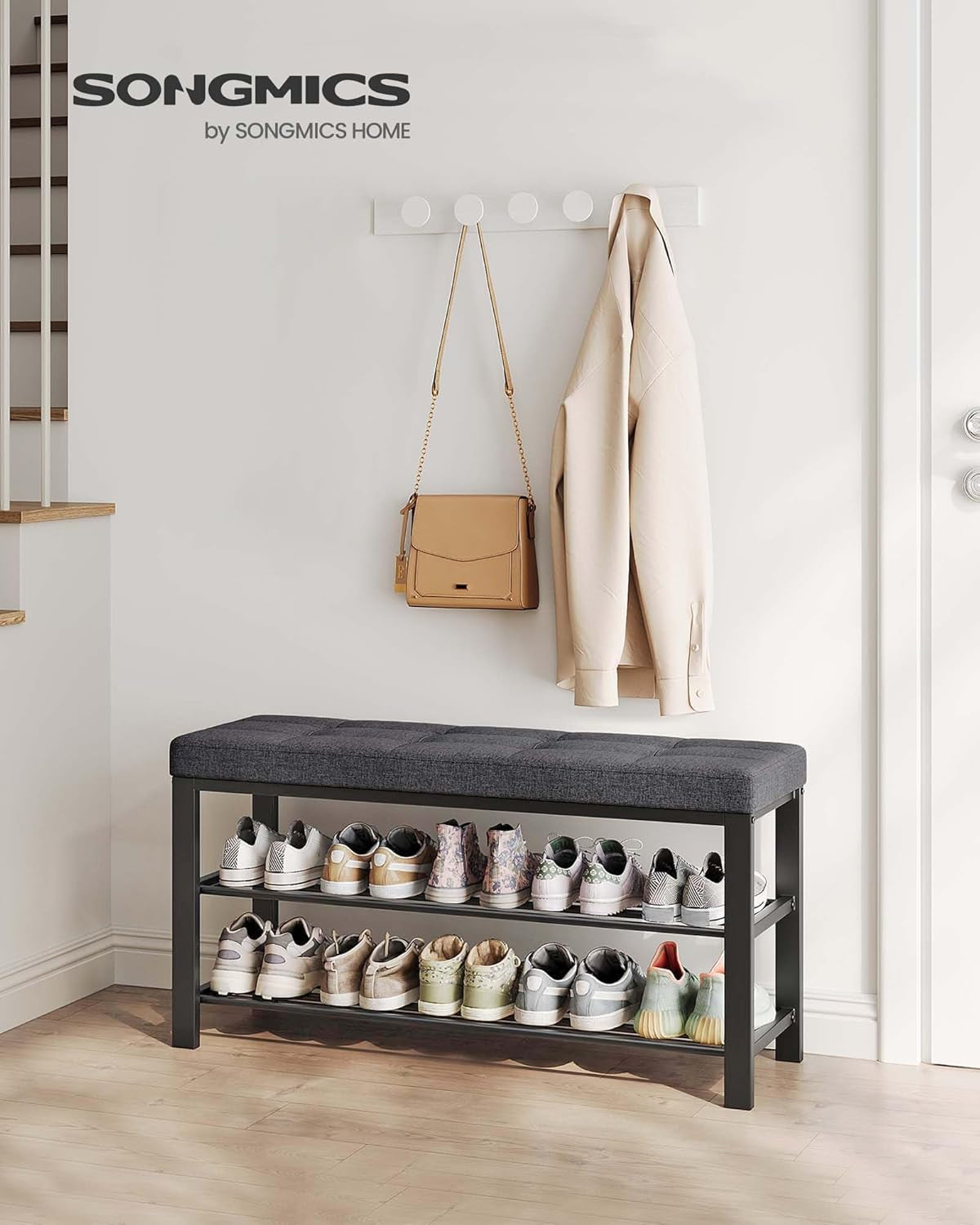 Shoe Bench, Storage Bench, Entryway Bench with Cushion, Shoe Shelf with Seat, Space-Saving, Modern Style, for Living Room, Bedroom, Hallway, Dark Gray and Ink Black ULBS579B33