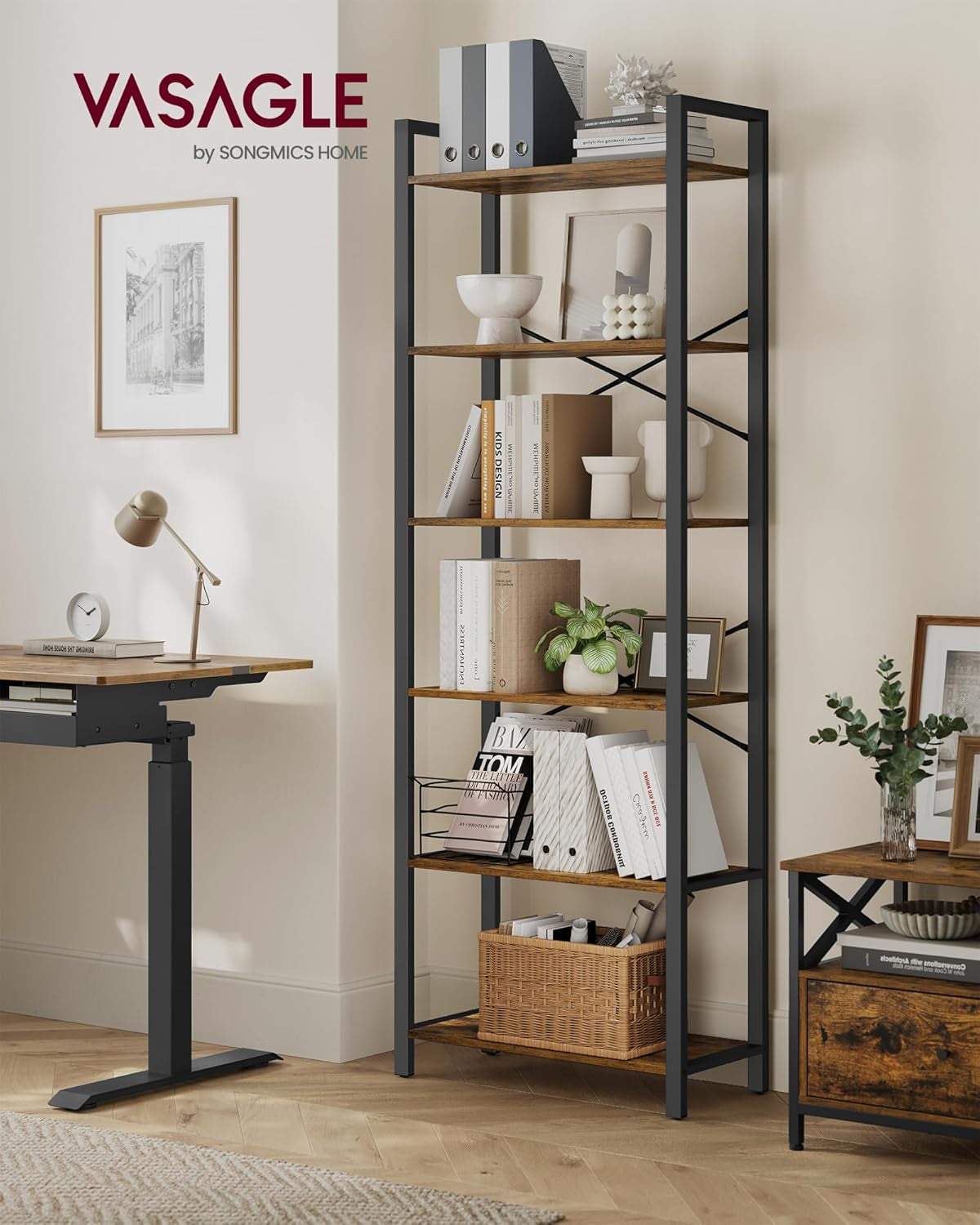 4-Tier Bookshelf, Bookcase with Steel Frame, Book Shelf for Living Room, Home Office, Study, 11.8 X 26 X 47 Inches, Industrial Style, Rustic Brown and Ink Black ULLS60BX