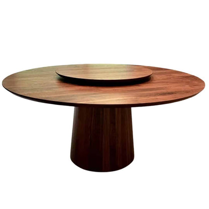 Handcrafted round walnut pedestal dining table with lazy Susan, made to order in the USA by Hawkins Woodshop