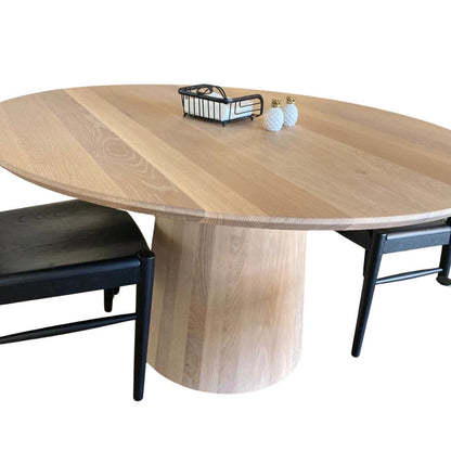 Handcrafted oval white oak pedestal dining table, made to order in the USA by Hawkins Woodshop
