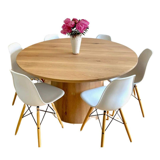 Handcrafted round white oak pedestal dining table with six chairs, made to order in the USA by Hawkins Woodshop