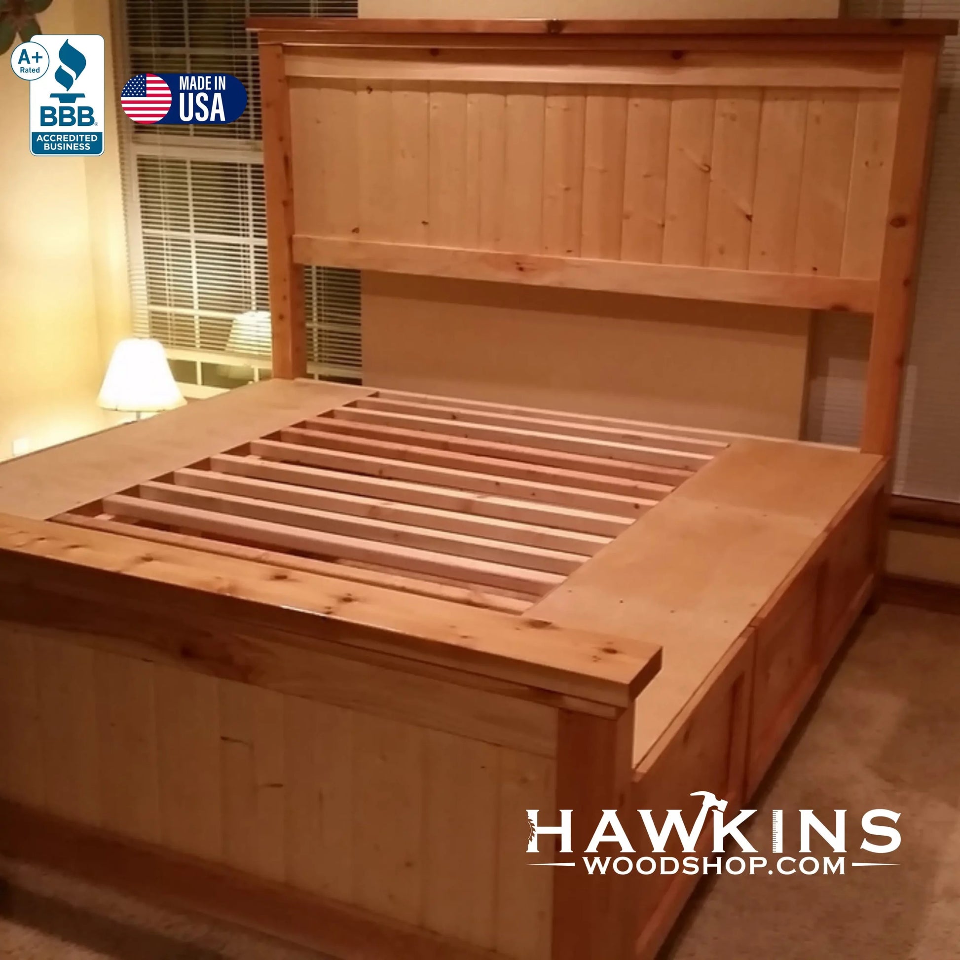 Solid Wood Storage Bed with under-bed drawers, handcrafted platform bed made in USA by Hawkins Woodshop