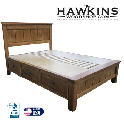 Solid Wood Storage Bed detail view of drawer storage, handcrafted by Hawkins Woodshop