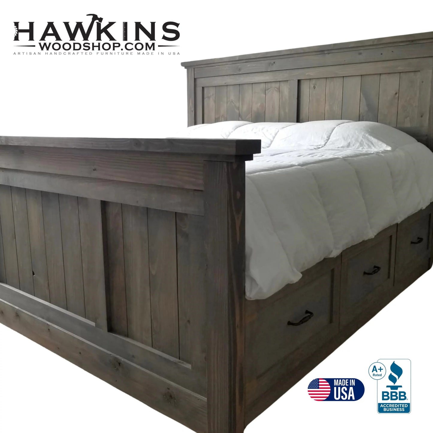 Solid Wood Storage Bed in bedroom setting, handcrafted solid wood platform bed made in USA by Hawkins Woodshop