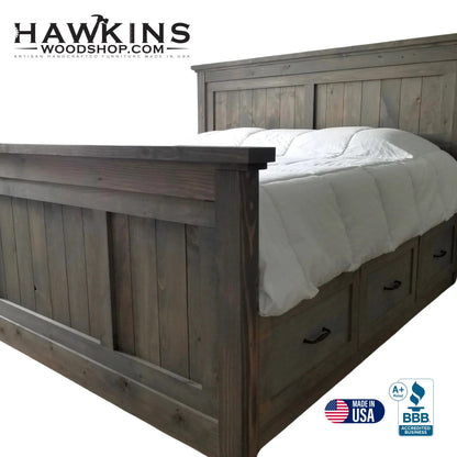 Solid Wood Storage Bed in bedroom setting, handcrafted solid wood platform bed made in USA by Hawkins Woodshop
